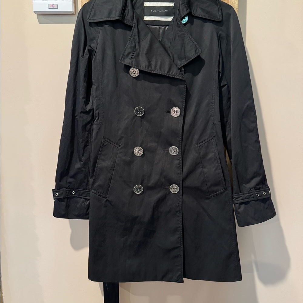 Elie Tahari Black Double-Breasted Trench Coat size Small - Black